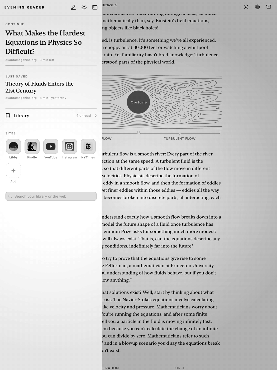 On iPad, the front page as a drawer over an open article
